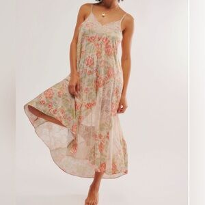 Free People Pink and Cream Midi Slip Dress with Ruffled Wrap Design | Size L